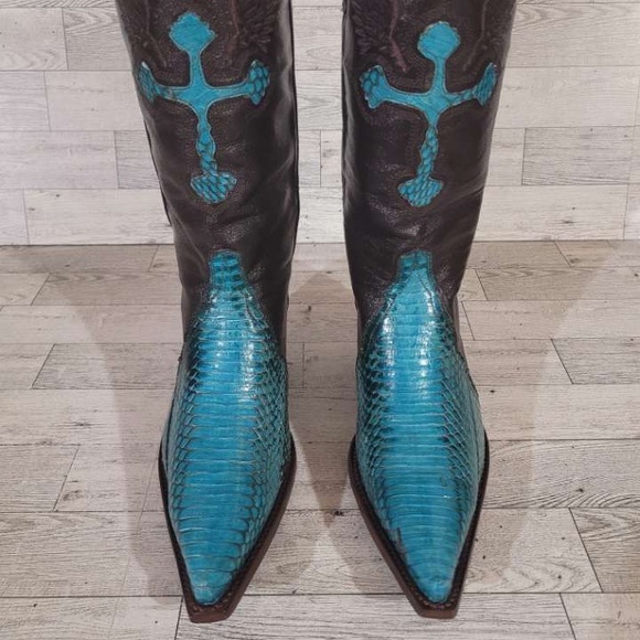 Rogers Boots Turquoise Cobra Snakeskin Brown Leather Rodeo Cowboy Boots Size 7 - Picture 3 of 9